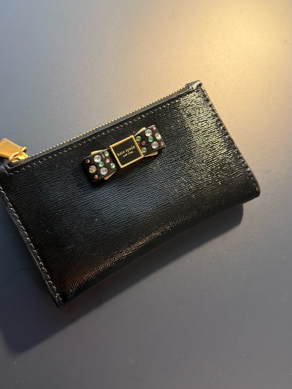 kate spade Black Patent Bow small Zip Card Wallet with Crystal Accents